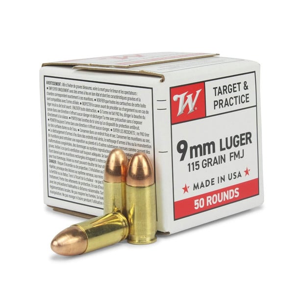 WINCHESTER AMMO USA White Box 9mm 115gr FMJ 50rd Box Handgun Ammo (W9MM50)